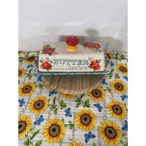 Pioneer Women Vintage Floral 1/4 Covered Butter Dish with Red Knob